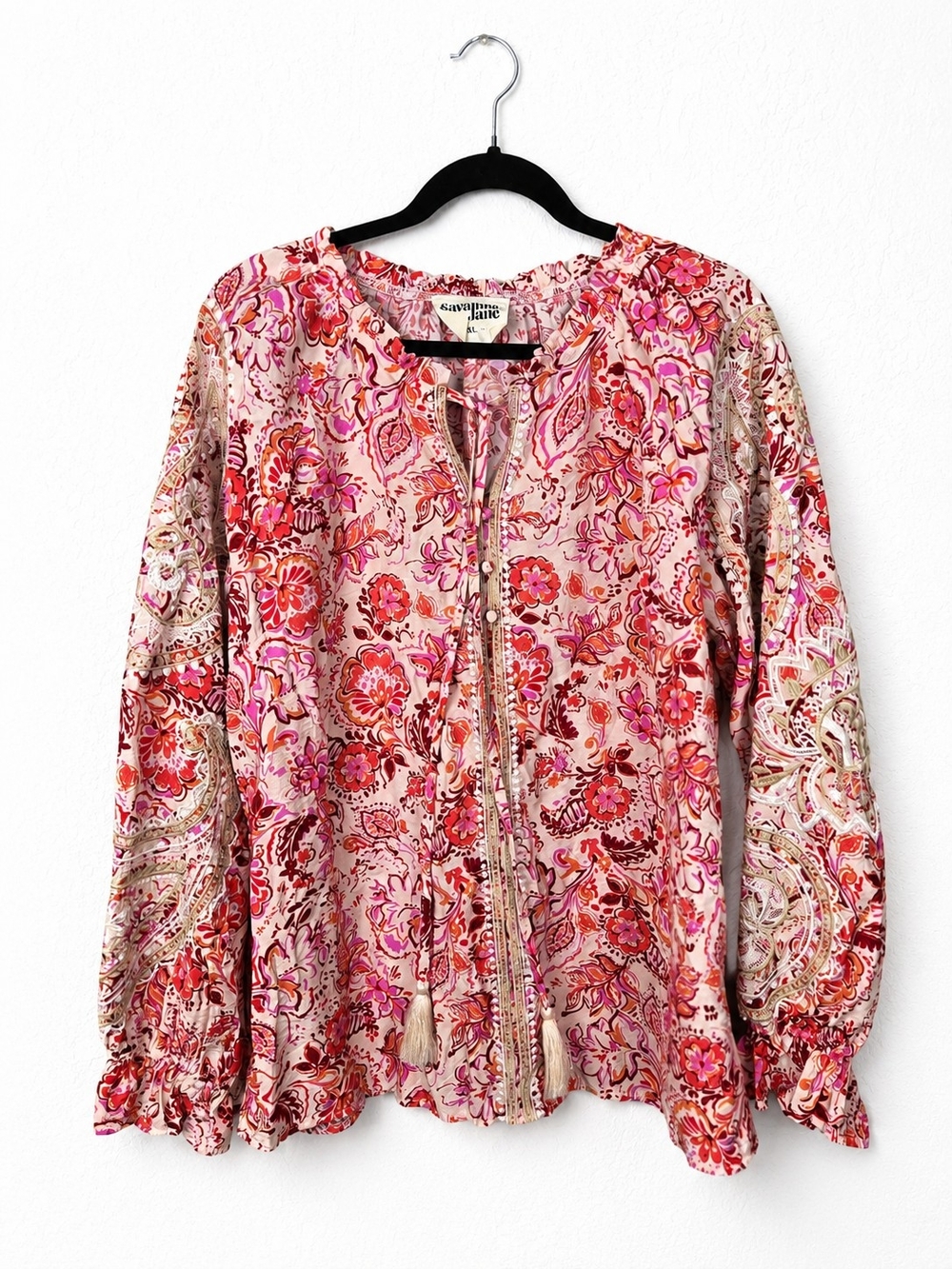 Savanna Jane XL Boho Floral Embroidered Peasant Blouse Pink Tassel Cottagecore